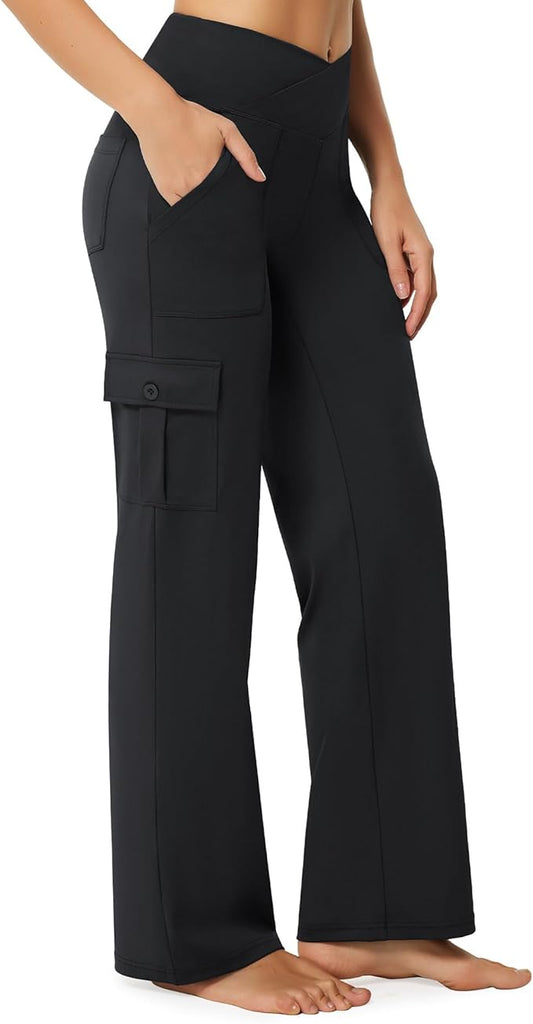 Casei Yoga Pants with 6 Pockets for Women Wide Leg Cargo Pants High Waist Crossover Stretch Work Travel Casual Sweatpants