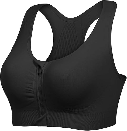 Lemef Front Zipper Sports Bras for Women Wirefree Post Surgery Bra Front Closure Racerback Compression Mastectomy Bras