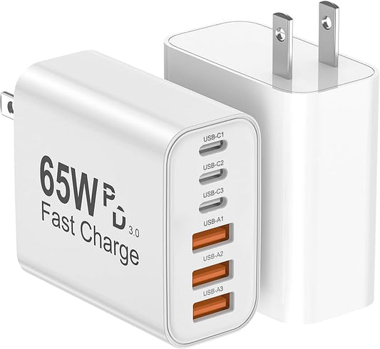 USB C Charger Block, 2-Pack 65W 6-Port USB C Wall Charger iPhone Charger Fast Charging PD Power Adapter+QC Wall Plug Multi...