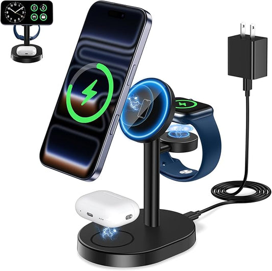 Hevanto 2026 3 in 1 Wireless Charging Station for Apple MagSafe Charger, 15W Fast Magnetic Mag-Safe Charger Stand for iPho...