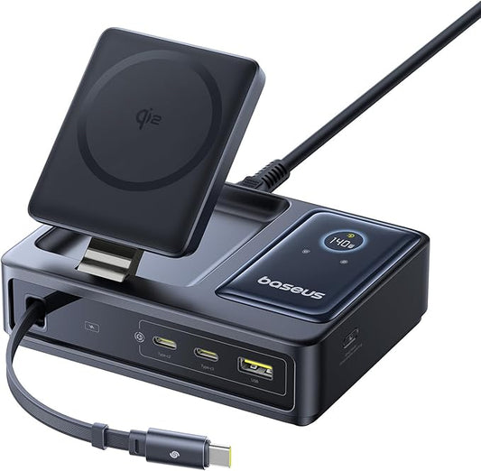 Baseus Nomos 5-in-1 Charging Station 140W, Qi2 Certified 15W Magnetic Wireless Charger with 100W Retractable Cable, GaN Fa...