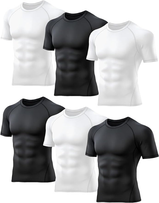 TELALEO 6 Pack Men's Compression Shirt Short Sleeve Athletic Baselayer Sports T Shirts Workout Tops for Men Black White