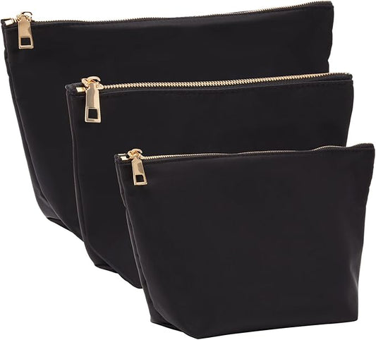 Glamlily 3 Piece Black Makeup Bag Set for Women, Nylon Zipper Cosmetic Pouch Organizers for Travel, Toiletries (3 Sizes)