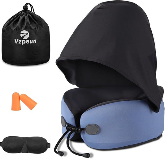 Vzpeun Neck Pillow for Travel - Hooded Memory Foam Plane Pillow for Airplane, Office, Cars Sleeping, Road Trip, Long Fligh...