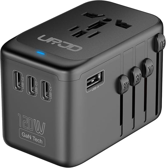 URJD Universal Travel Adapter, 120W GaN International Power Plug Adapter, 5 USB Ports & 2500W AC Outlet, All-in-One Travel...