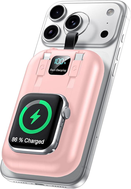 Magnetic Portable Charger 10000mAh,22.5W USB C Fast Charging Wireless Power Bank with Built-in Cables,Smart LED Display Tr...