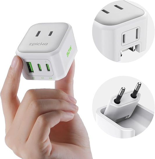 EPICKA Hybrid Mini European Travel Plug Adapter, 30W PD Fast Charging 5-in-1 Foldable International Power Adapter with 2 A...