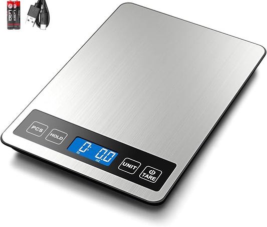 Fuzion Food Scale, 1g/0.1oz Digital Kitchen Scale - 22lb, 7 Units, Tare & PCS, Rechargeable Power, Tempered Glass & Stainl...