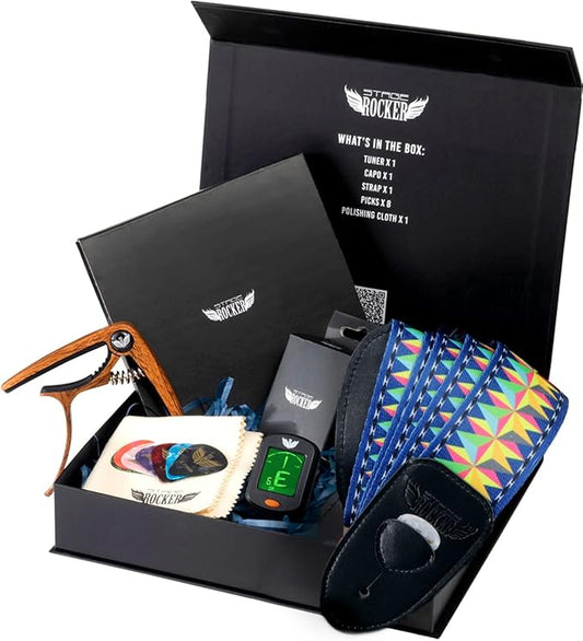 Stage Rocker Guitar Accessories Gift Box for Acoustic and Electric Guitars, 5-in-1 Essential Gift