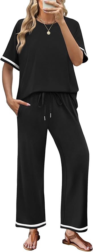 SAMPEEL 2 Piece Sets for Women Casual Summer Travel Vacation Outfits Short Sleeve Lounge Set