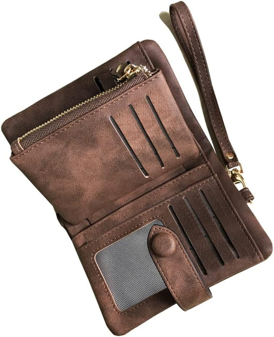 AOXONEL Women's Small Bifold Leather wallet Rfid blocking Ladies Wristlet with Card holder id window Coin Purse