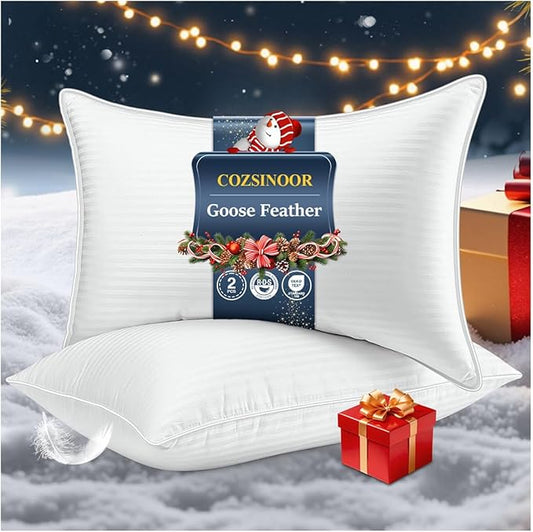 COZSINOOR Goose Feather Pillows Queen Size Set of 2 - Hotel Down Bed Pillow for Sleeping, Soft 600 TC Cotton Cover, Fluffy...