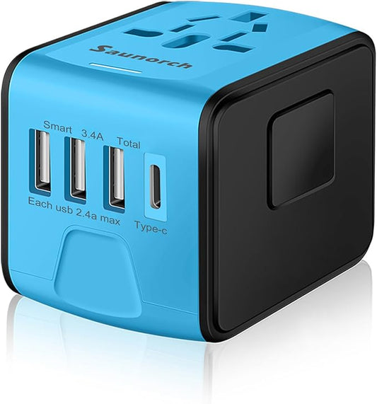 SAUNORCH Travel Adapter Worldwide, Universal International Power Plug Adapter W/2.4A 3xUSB-A and 3.0A Type-C Wall Charger,...