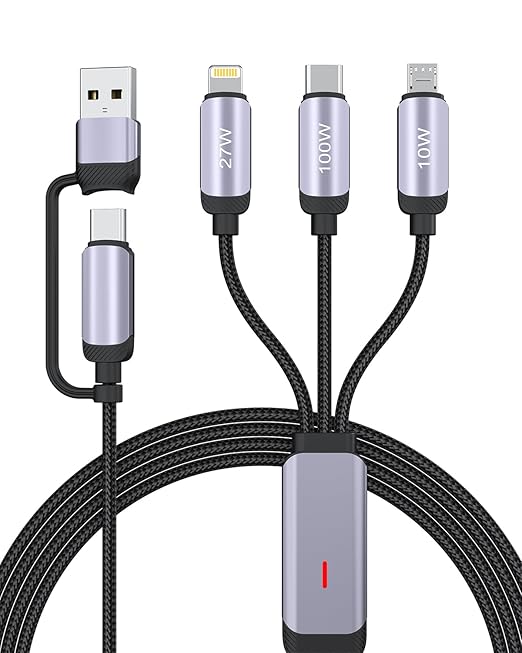 100W 6ft Multi USB Charging Cable with USB A/C to Lightning/Type C/Micro USB Ports, Nylon Braided Fast Charging & Data Syn...