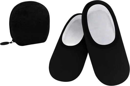 Snoozies Skinnies Packable and Foldable Travel Slippers for Women with Zipper Pouch, Soft Sherpa-Lined Slipper Socks Non-Skid