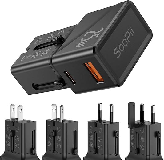 SooPii Gan USB C Charger 25W, 2 Port PD PPS QC Universal Travel Adapter, All-in-One Travel Charger with US UK EU AU Plug A...