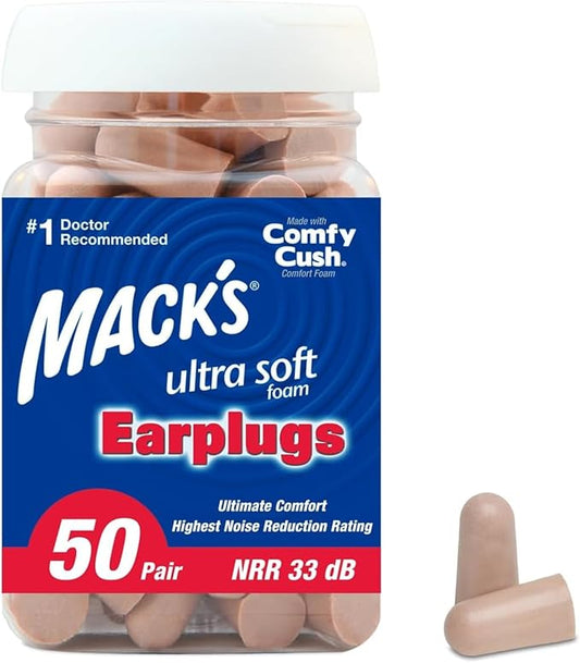 Mack's Ultra Soft Foam Earplugs, 50 Pair - 33dB Highest NRR, Comfortable Ear Plugs for Sleeping, Snoring, Travel, Concert...