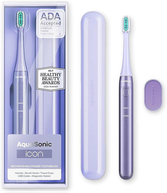 Aquasonic Icon ADA-Accepted Rechargeable Toothbrush | Magnetic Holder & Slim Travel Case | 2 Brushing Modes & Smart Timers...