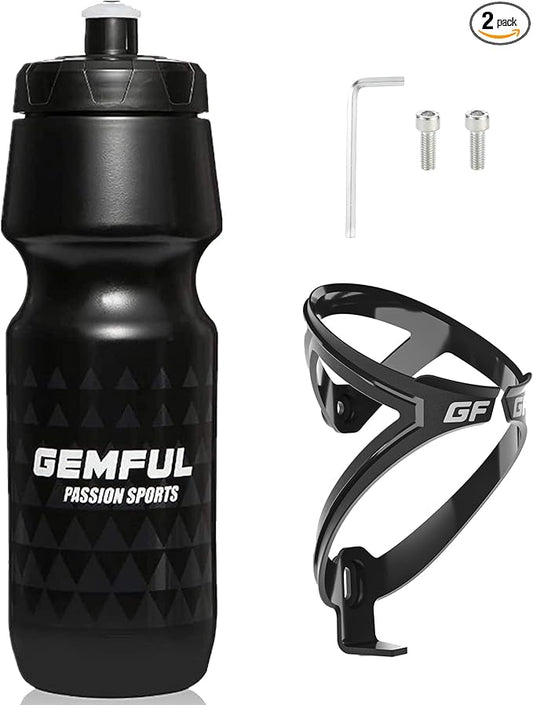GEMFUL 24 oz Cycling Water Bottle and Cage Set BPA Free Bike Water Bottle Holder Combo Leak Proof Lightweight 750ml Fits M...