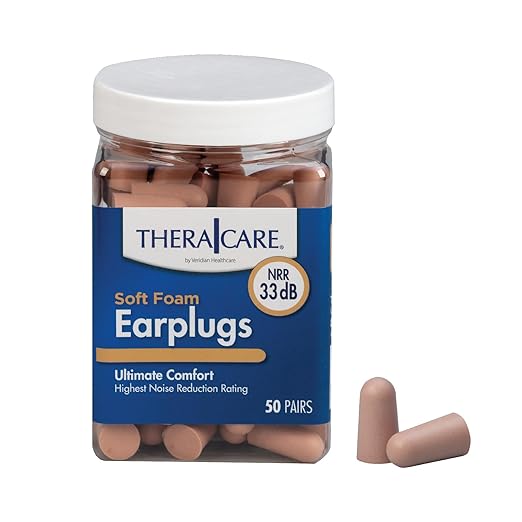 TheraCare Soft Foam Earplugs | 33 dB Noise Reduction | 50 Pairs Per Jar | Latex-Free | Sleep, Work, Travel, Recreation Uses