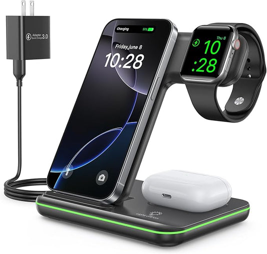WAITIEE Wireless Charger for iPhone 17 16 15 14 13 12 11 X 8, 3 in 1 Charging Station for Apple Watch 11/10/9/8/7/6/5/4/3/...