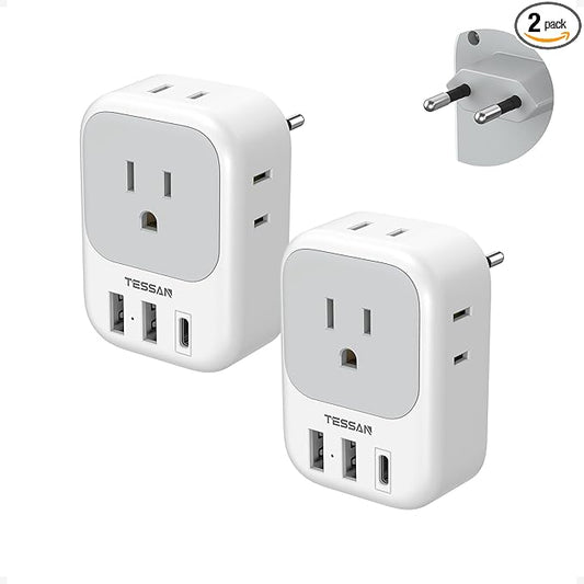 2 Pack European Plug Adapter USB C, TESSAN US to Europe Adapter 4 Outlets 3 USB Charger, Type C International Power Adapto...