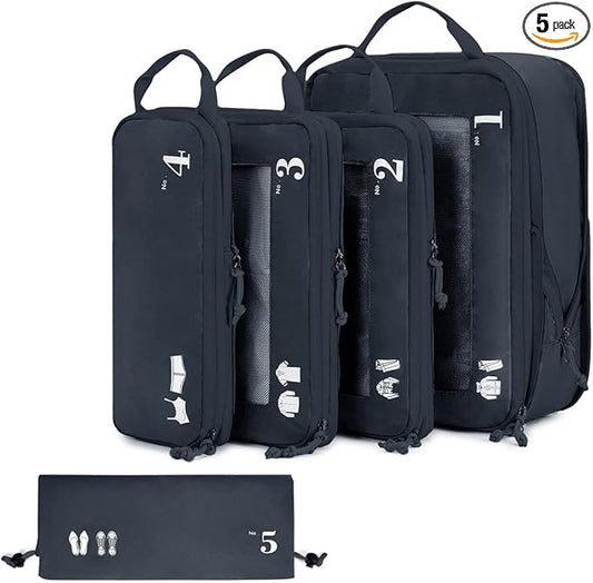 ECOHUB 5 Set Compression Packing Cubes for Suitcases Organiser Bags Set Travel Essentials with Shoe Bags for Travel Tear-r...