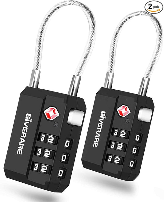 2 Pack TSA Approved Travel Luggage Locks, Cable Combination Lock 3-Digit, Keyless Suitcase Padlocks, Weatherproof Padlock ...