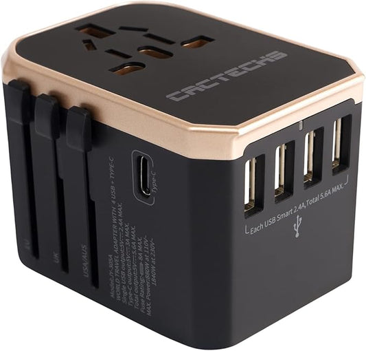 CACTECHS International Universal Travel Adapter Worldwide 4 USB 1 Type C Travel Charger, EU UK European Travel Plug Adapte...