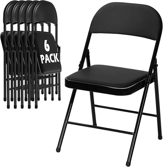LING RONG 6 Pack Black Folding Chairs with Padded Cushion for Outside, Portable Stackable Commercial Metal Foldable Chairs...