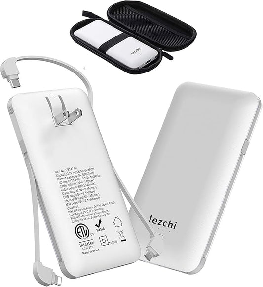 lezchi Portable Power Bank, Ultra Slim 10000mAh Portable Charger, USB C External Battery Pack with Built-in AC Plug, Charg...