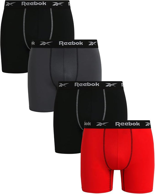 Reebok Men's Boxer Briefs - 4 Pack 6'' Inseam Stretch Performance Underwear Quick Dry Moisture Wicking Boxers