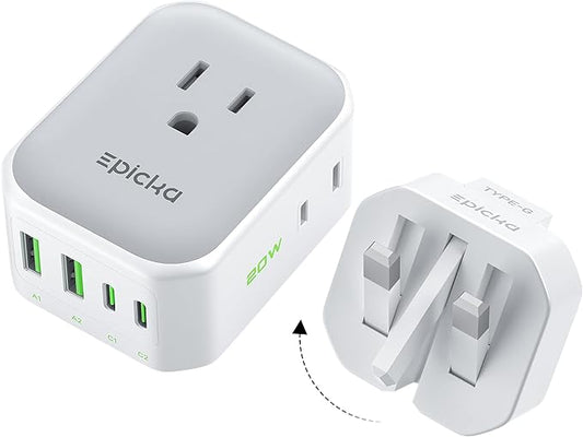 EPICKA Hybrid International Power Adapter for US to England, Foldable & Detachable Type G (UK) VisaPlug, 8-in-1 Travel Plu...