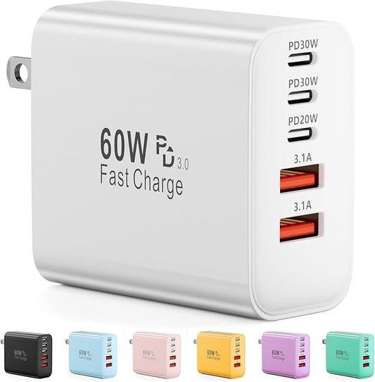 USB C Charger Block, 60W 5-Port Type C Charger Fast Charging Block, USBC USB Multiple Port Wall Charger Plug Adapter for i...