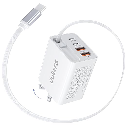 2026 Updated 40W Retractable Charger,4Port Travel Essentials Multiport,5-in-1 PD Wall Charger Block Plug+2.6ft Type C Cabl...