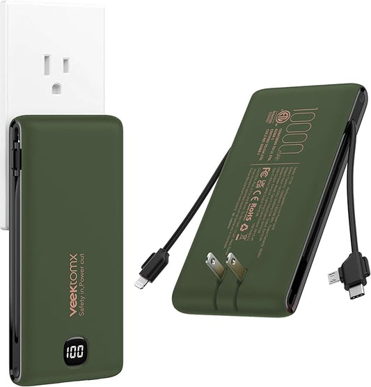 VEEKTOMX Portable Charger with Built in Cables 10000mAh, Power Bank for iPhone with Wall Plug, Travel Essential Fast Charg...