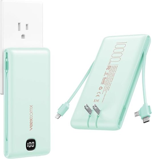 VEEKTOMX Portable Charger with Built in Cables 10000mAh, Power Bank for iPhone with Wall Plug, Travel Essential Fast Charg...