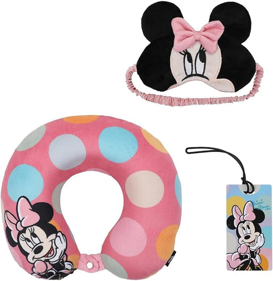 Bioworld Minnie Mouse Kids Travel Set with Neck Pillow Eye Mask and Luggage Tag - Disney Magic on The Go!
