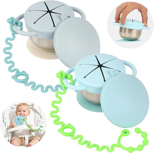 2 Pack Toddler Snack Cups — 5-in-1 Snack Cups for Toddlers Spill Proof with Suction Cup and Anti-Loss Rope, Detachable Sta...