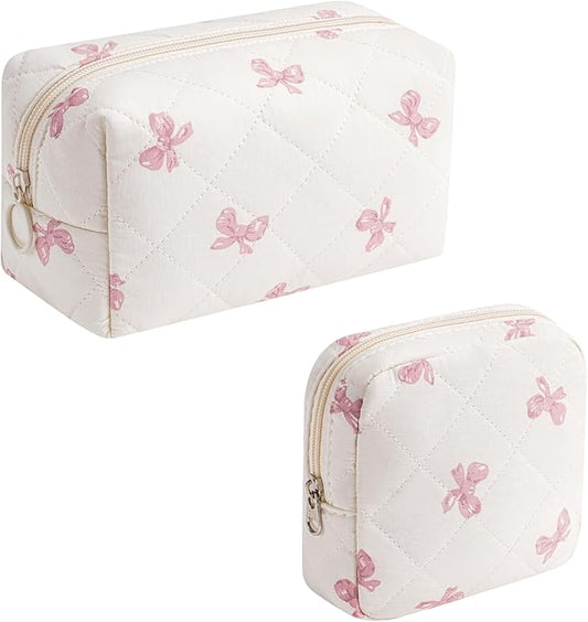 2pcs Small Quilted Cotton Makeup Bag for Purse, Cosmetic Bag with Compartments, Cotton Aesthetic Makeup Bag, Travel Toilet...