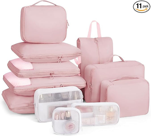 Compression Packing Cubes - 11 Set Suitcase Organizers, Expandable Packing Cubes, Pink Travel Essentials
