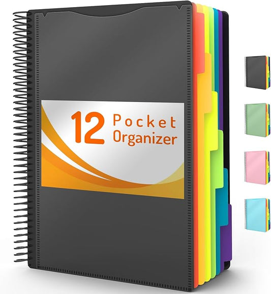 12 Pocket Project Organizer, Forvencer 1/6-cut Tab Binder Organizer with Sticky Labels, Multi Pocket Folder with Zipper Po...