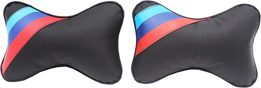 2 Pcs Set BMW M Sport Series Color Stripes - PU Leather Universal Car Head Neck Pillow for Better Neck Support Driving Com...