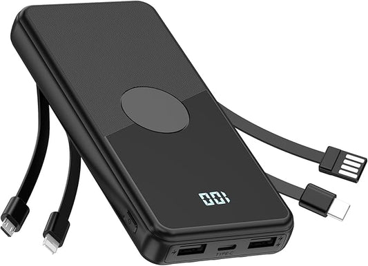 TXQX Portable Charger with Built in Cables,High Speed Power Bank 10000mAh Travel Battery Pack 5 Outputs 3 Inputs Portable ...