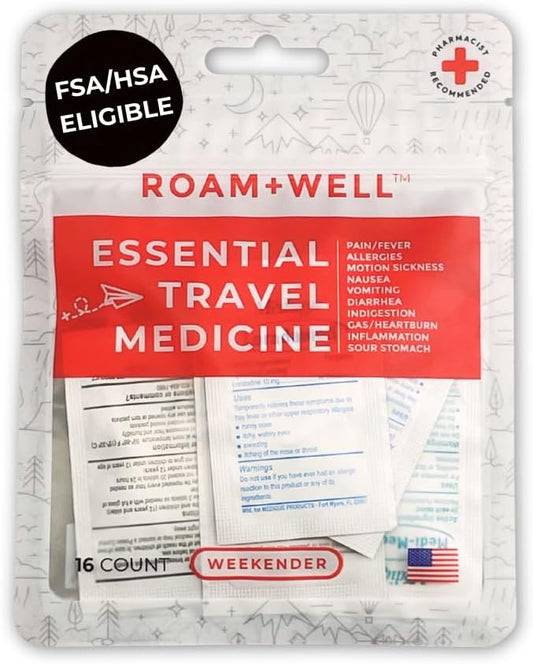 Roamwell Essential Travel Medicine Kit, OTC Travel Medication, TSA Approved (Weekender | 16 Tablets)