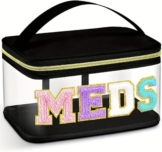 1pc Fashion PC Transparent Cosmetic Bag with Chenille MEDS Lettering, Portable Nylon Makeup Casewith Smooth Metal Zipper, ...