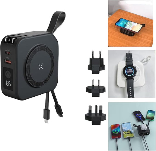 Taoke Multifunctional 5-in-1 Travel Charger with 10000mAh Mobile Power Bank with 2 Built-in Cables, High-Speed Magnetic Wi...