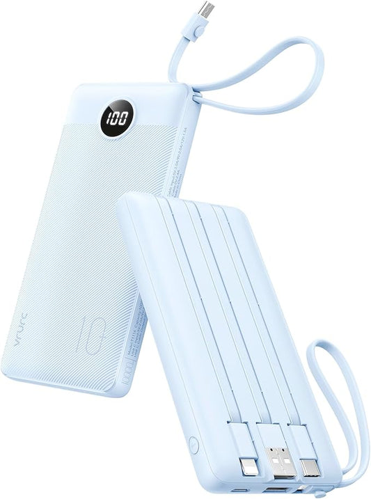 VRURC 10000mAh Power Bank Built-in Cables, Portable Charger with LED Display, Slim Travel Battery Pack with Cords, 5 Outpu...