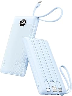 VRURC 10000mAh Power Bank Built-in Cables, Portable Charger with LED Display, Slim Travel Battery Pack with Cords, 5 Outpu...