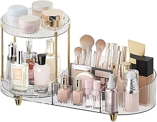 Makeup Organizer Countertop for Vanity, Rotating Perfume Tray with 5-compartment Cosmetic and Skincare Organizers, Multi-P...